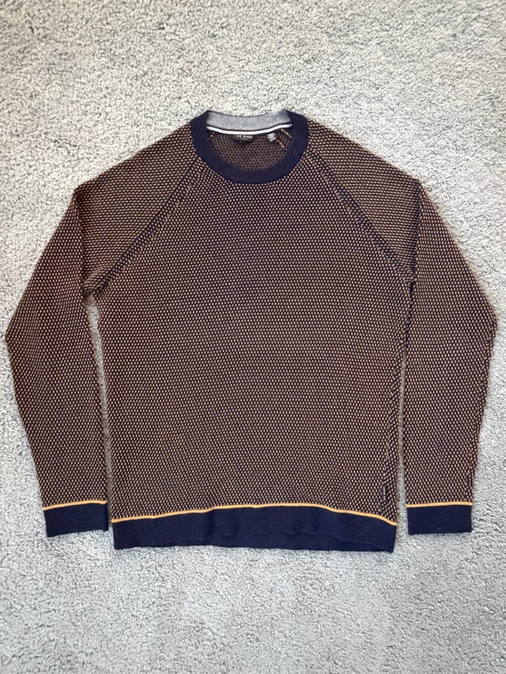 Ted Baker Cancru Mustard Navy Knit Crewneck Sweater Size 5 XL Slim Fit - EUC